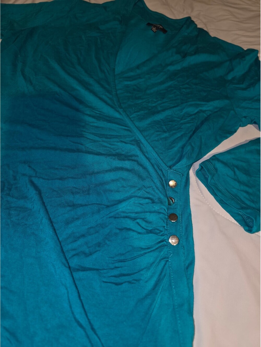 Premise Studio Teal Faux-Wrap Knit Sweater with Silver Button Detailing | Size L